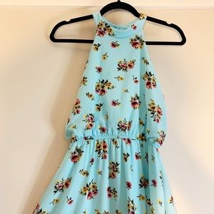 Ava & Yelly Sleeveless Maxi Size 14, Aqua With Floral Design, Button Back